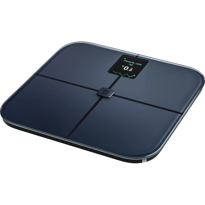 Xiaomi Mijia Body Composition Scale S400 Pro schuin van opzij, met de spiertrend op het display