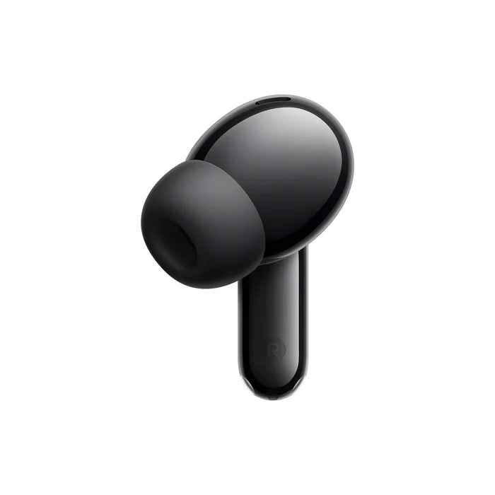 Zwart oordopje van de Xiaomi Redmi Buds 8 van de zijkant, met de siliconen tip