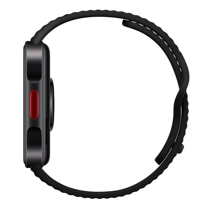 Zijaanzicht van de zwarte Xiaomi Redmi Watch 6 Lite met verhoogde sportknop