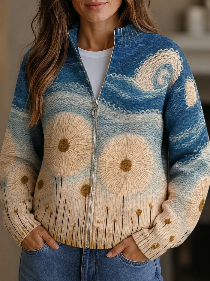 Yolanda zip cardigan with sunflower meadow print, ocean-blue shoulders and ribbed cuffs