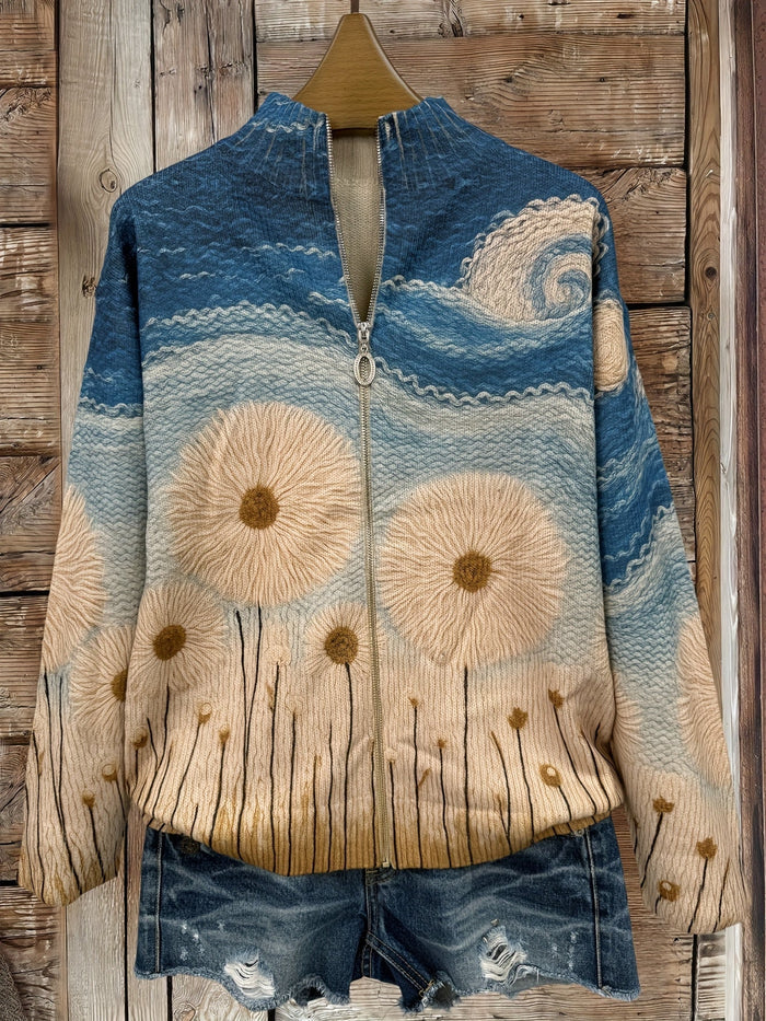 Yolanda zip cardigan with sunflower meadow print, ocean-blue shoulders and ribbed cuffs