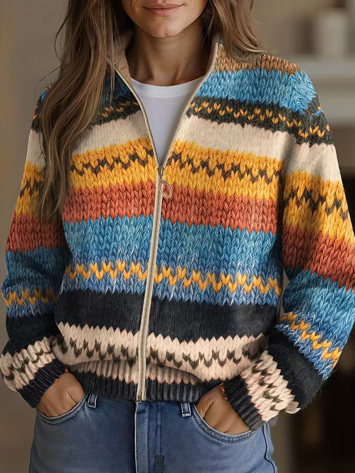 Multicolor zigzag striped knit cardigan with gold zipper and cropped hem