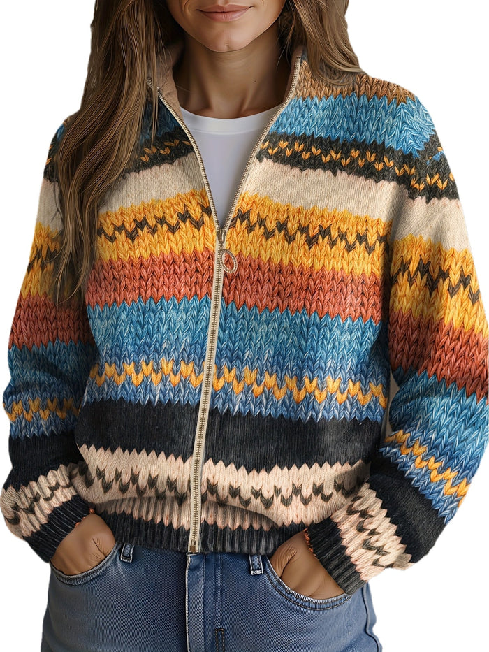 Multicolor zigzag striped knit cardigan with gold zipper and cropped hem