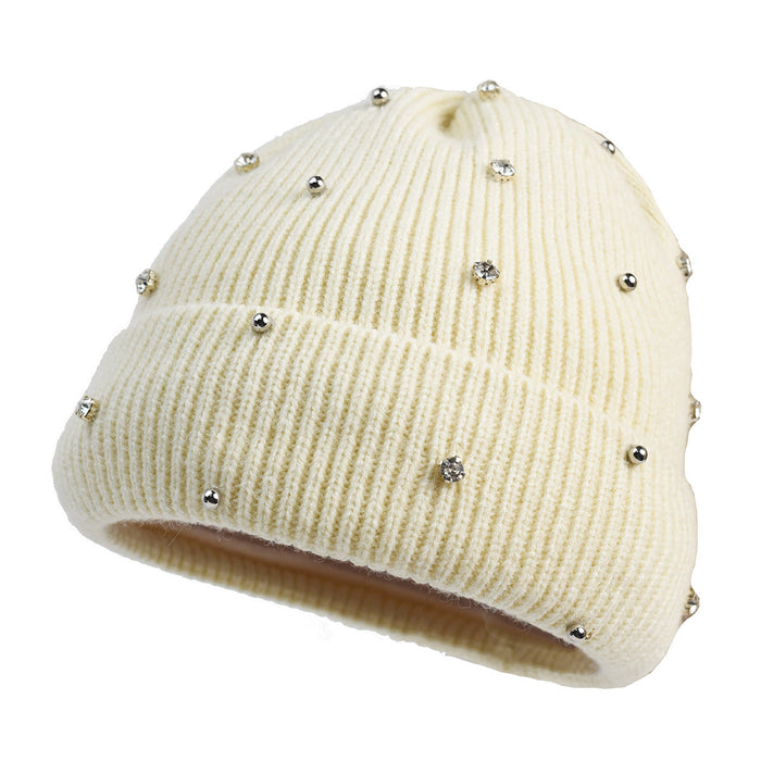 Yvette subtle shine cozy knit beanie with beaded details shown in neutral tones