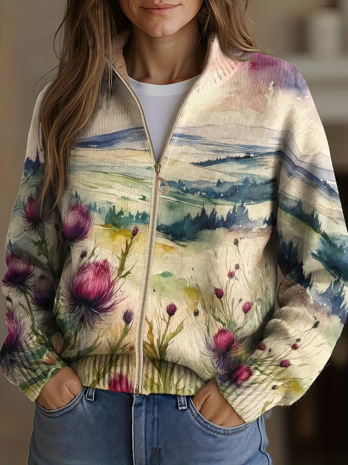 Watercolour thistle landscape print zip cardigan with gold zipper and ribbed stand collar