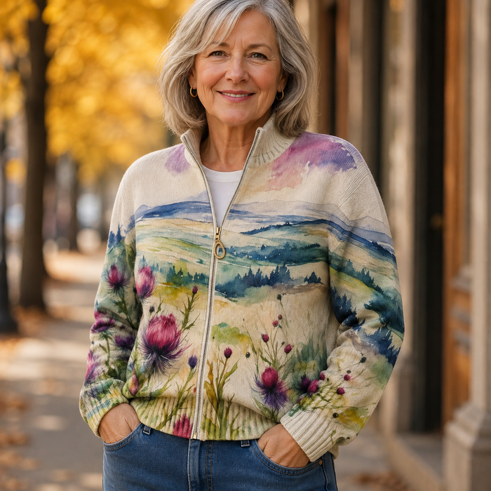 Watercolour thistle landscape print zip cardigan with gold zipper and ribbed stand collar