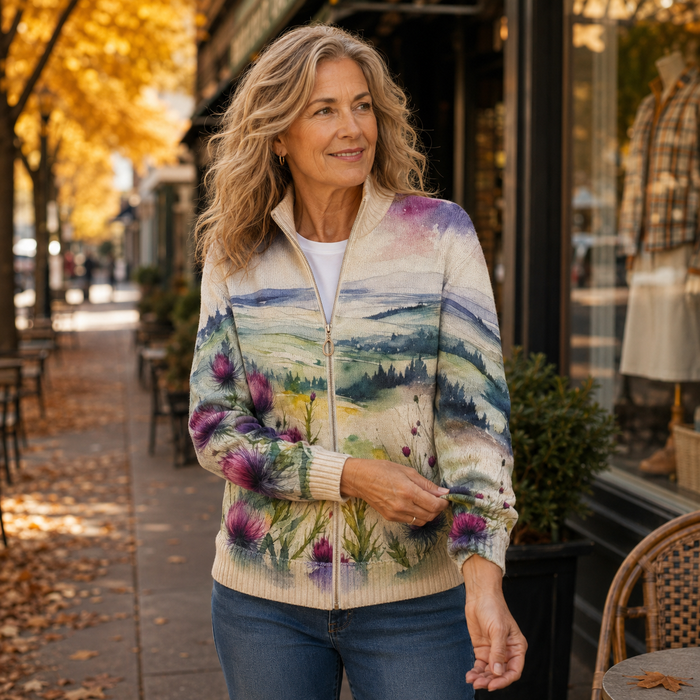 Watercolour thistle landscape print zip cardigan with gold zipper and ribbed stand collar