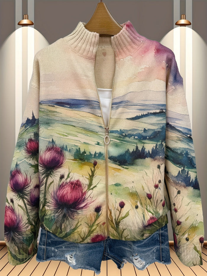 Watercolour thistle landscape print zip cardigan with gold zipper and ribbed stand collar