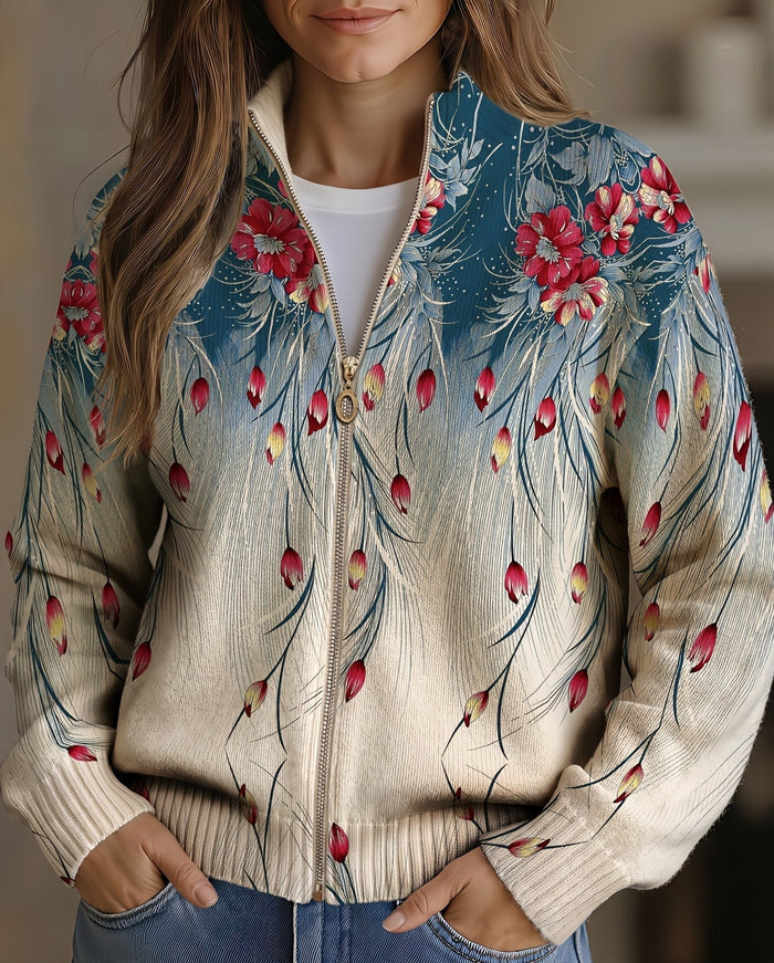 Zillah zip-front cardigan with teal-to-cream ombre and coral floral print